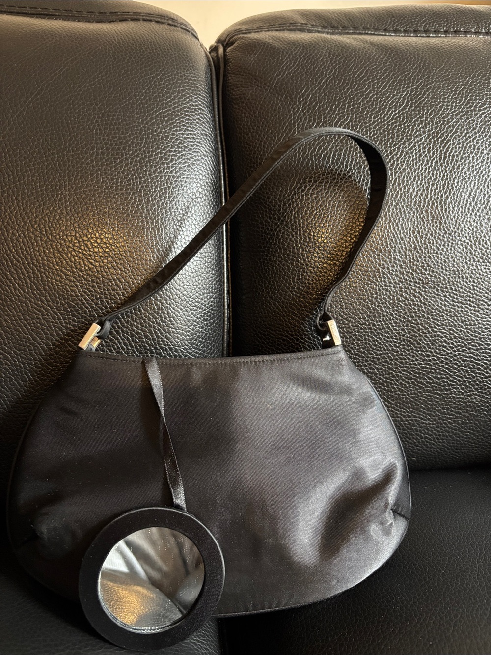 Black Satin Shoulder Bag with Mirror Charm